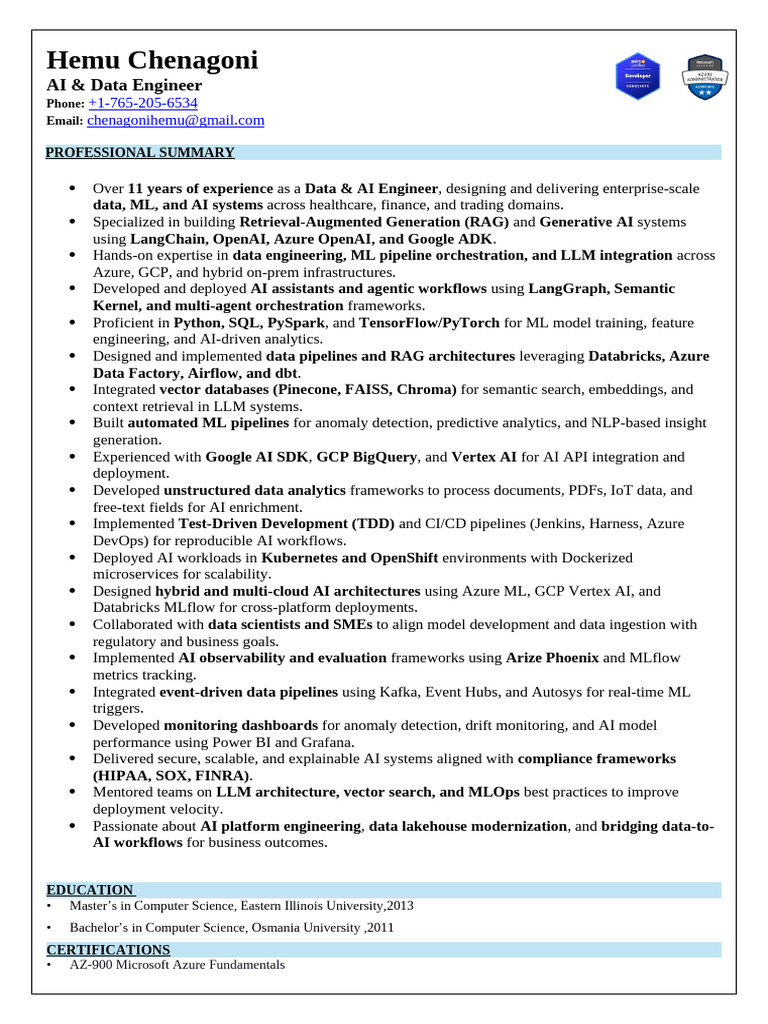 Hemu Chenagoni AI Data Engineer | PDF | Microsoft Sql Server | Apache Spark