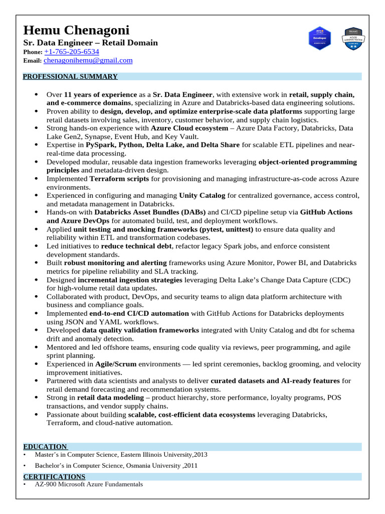 Senior Data Engineer in Retail Analytics | PDF | Apache Spark ...