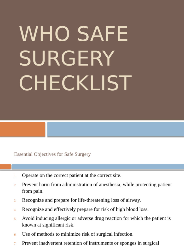 WHO Safe Surgery Checklist Overview | PDF | Anesthesia | Surgery