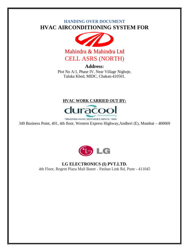 HVAC System Handover Document for ASRS | PDF