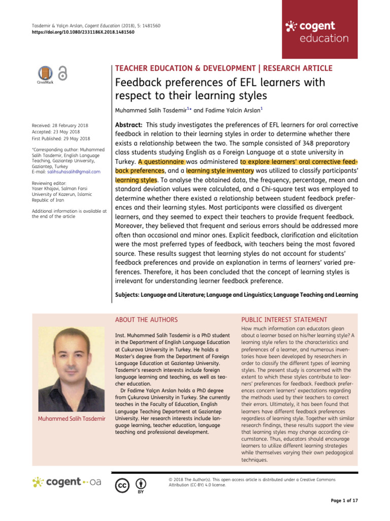 EFL Learners' Feedback Preferences Study | PDF | Learning Styles | Learning