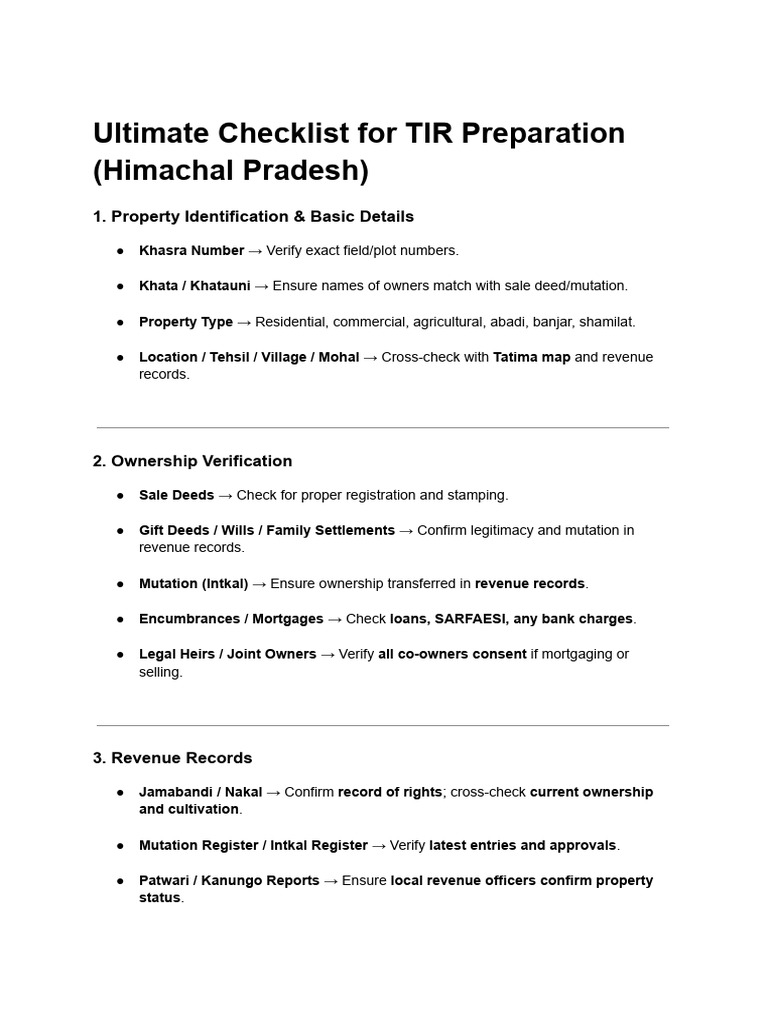 TIR Preparation Checklist for Himachal | PDF | Deed | Civil Law (Common ...