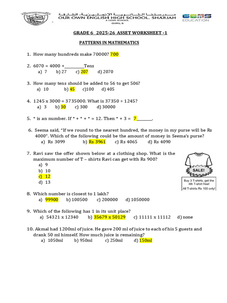 Grade 6 Math Patterns Worksheet | PDF