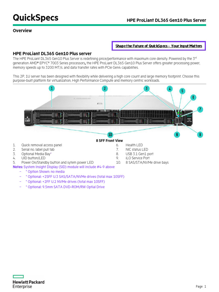 HPE ProLiant DL365 Gen10 Plus Server QuickSpecs-A50002558enw | PDF ...