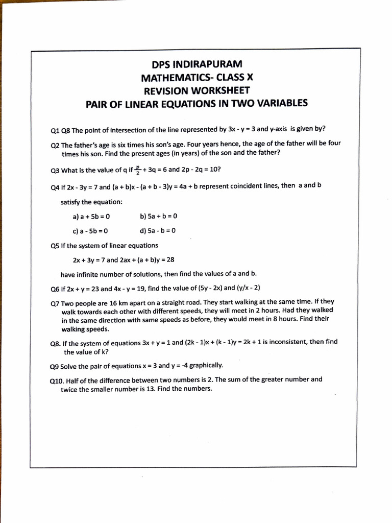 Class X Math: Linear Equations Worksheet | PDF