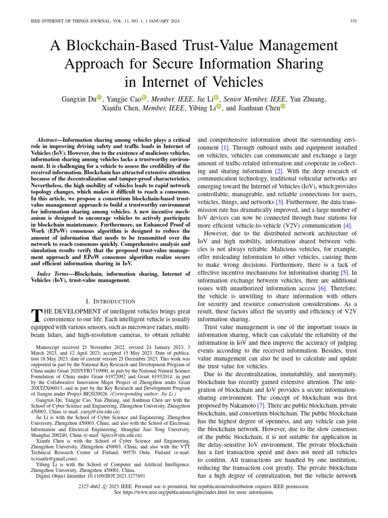 Blockchain Trust Management in IoV | PDF | Information | Machine Learning