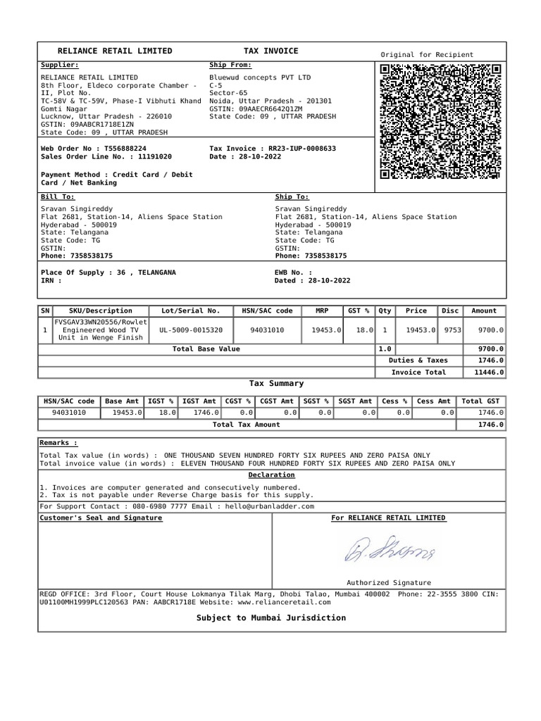 Reliance Retail Tax Invoice Details | PDF | Taxation | Government Finances