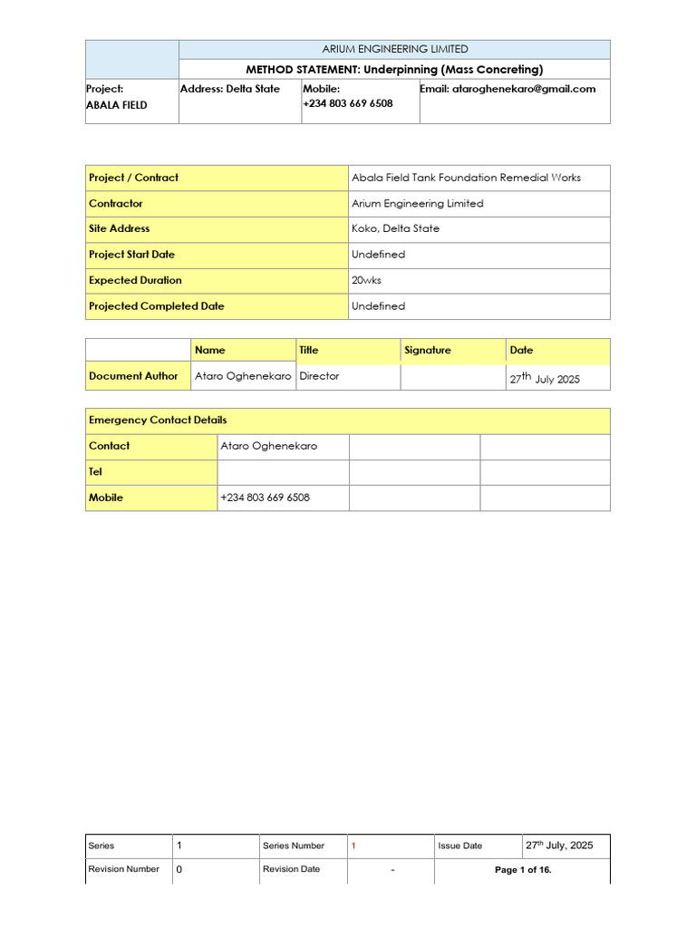 Underpinning Method Statement for Abala Field | PDF | Concrete ...