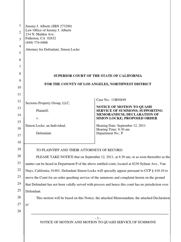 Motion to Quash Service Of Process Summons Free 30day Trial Scribd