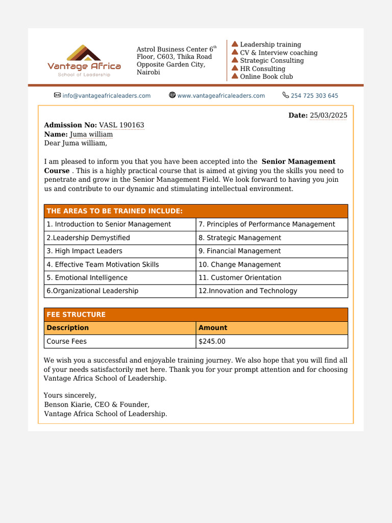 Senior Management Course Acceptance Letter | PDF