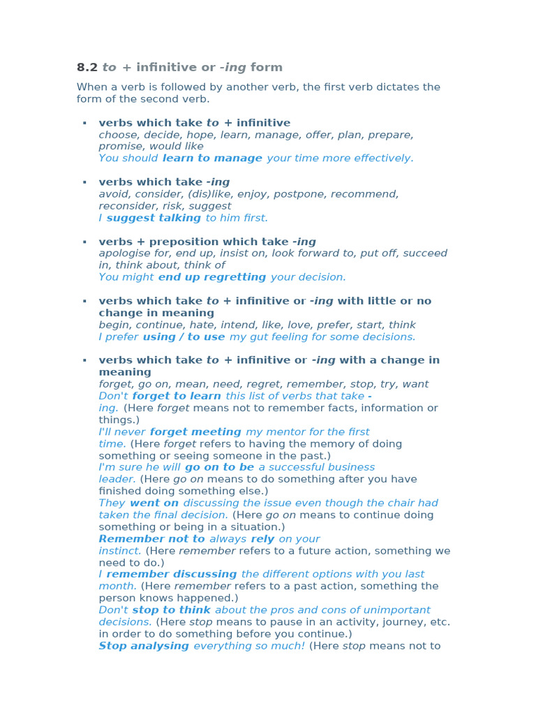 Verb Forms: Infinitive vs. -ing | PDF | Psychological Concepts | Psychology