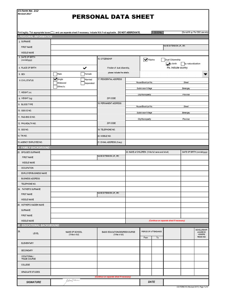 PDF CSC Personal Data Sheet PDS 2017 Page1 | PDF