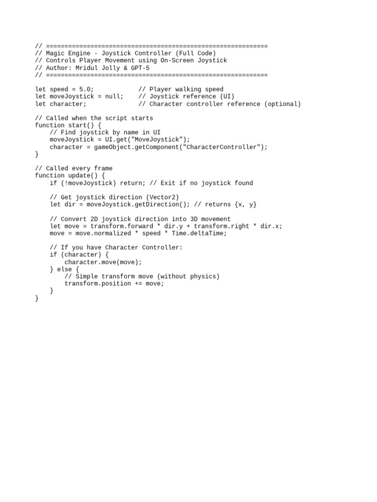 Joystick Controller Code for Player Movement | PDF