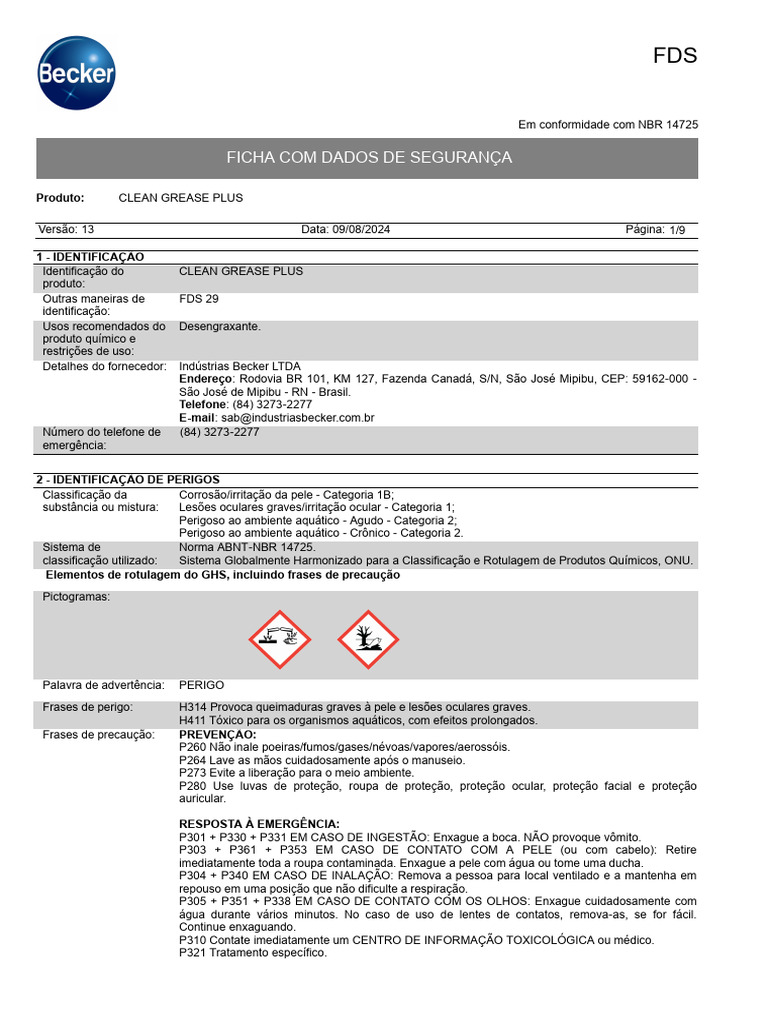 Ficha de Segurança do Clean Grease Plus | PDF | Cloro | Toxicidade