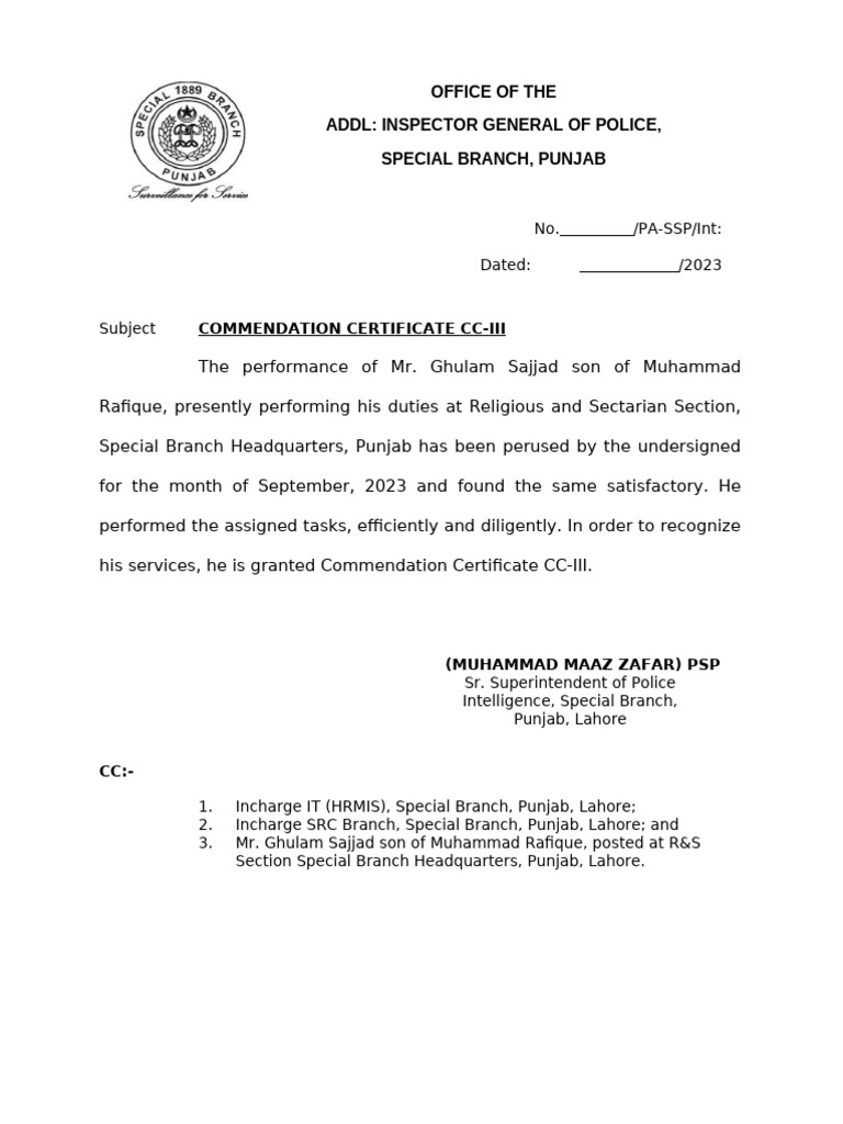 Commendation Certificate for Ghulam Sajjad | PDF