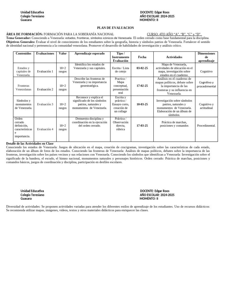 Plan de Evaluacion II 4to Año 2024-2025 | PDF | Evaluación | Aprendizaje