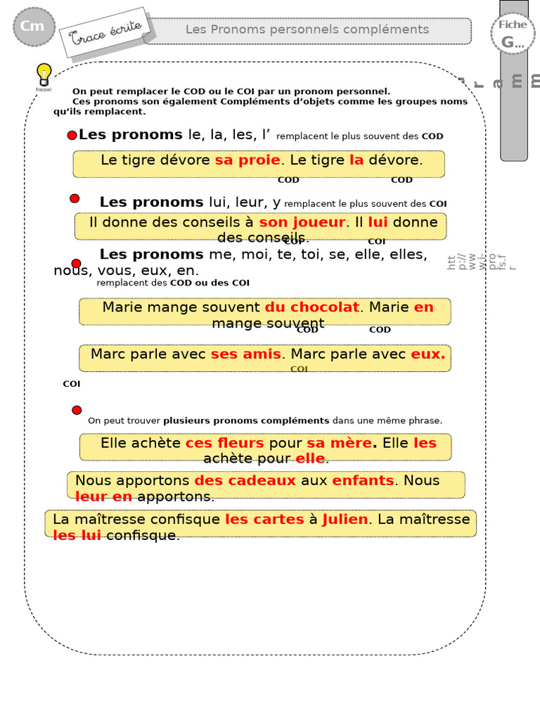 Pronoms personnels compléments CM2 | PDF | Complément d'objet ...