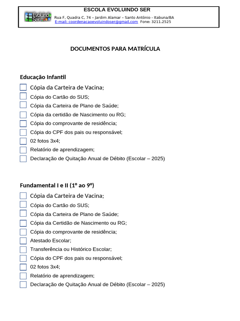 Documentos Necessários para Matrícula | PDF