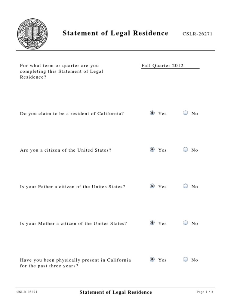 Establishing Residency A Student's Statement of Legal Residence for