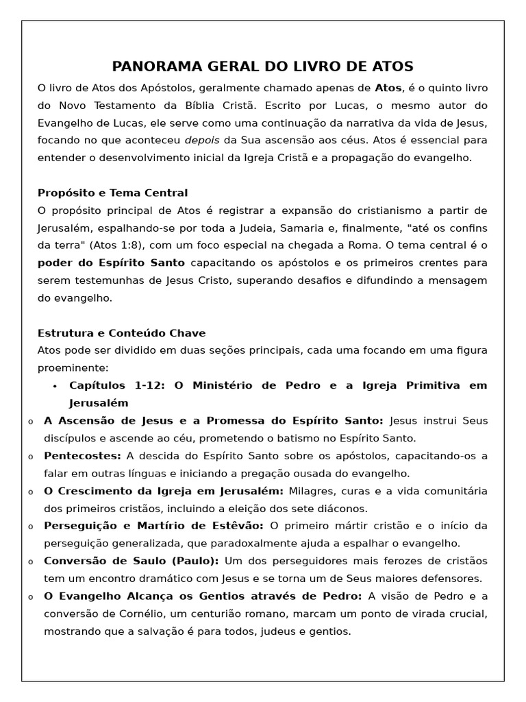 Panorama do Livro de Atos dos Apóstolos | PDF | Atos dos apóstolos ...