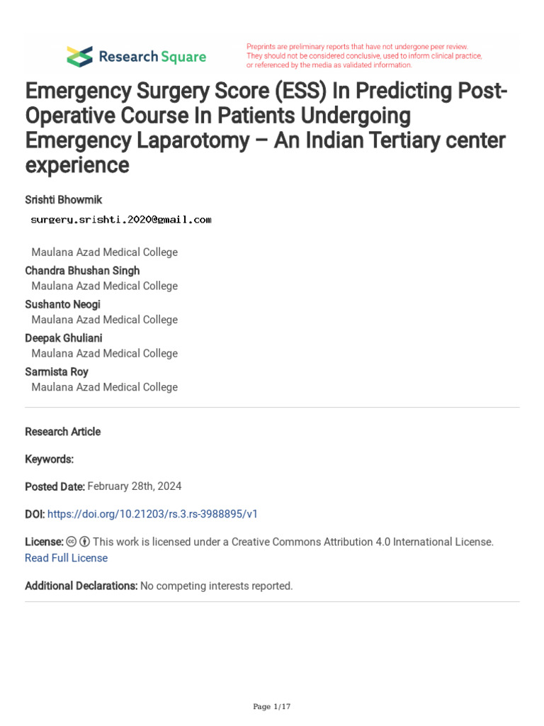 Emergency Surgery Score ESS in Predicting Post - Op | PDF | Sepsis ...