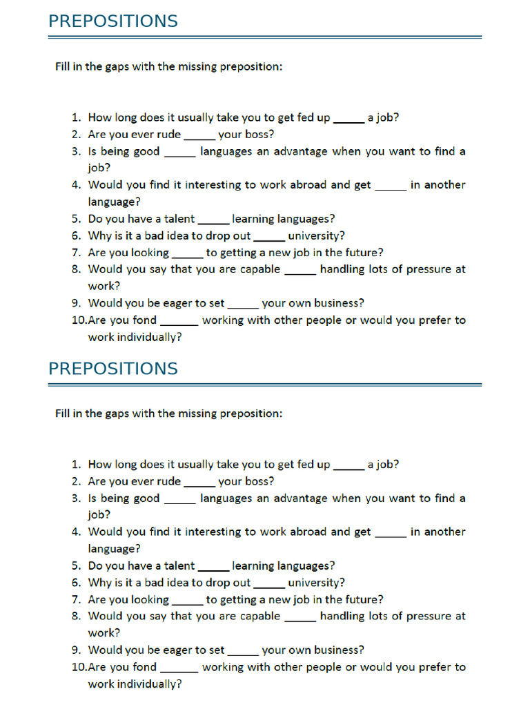 b2 Prepositions Topic Work | PDF