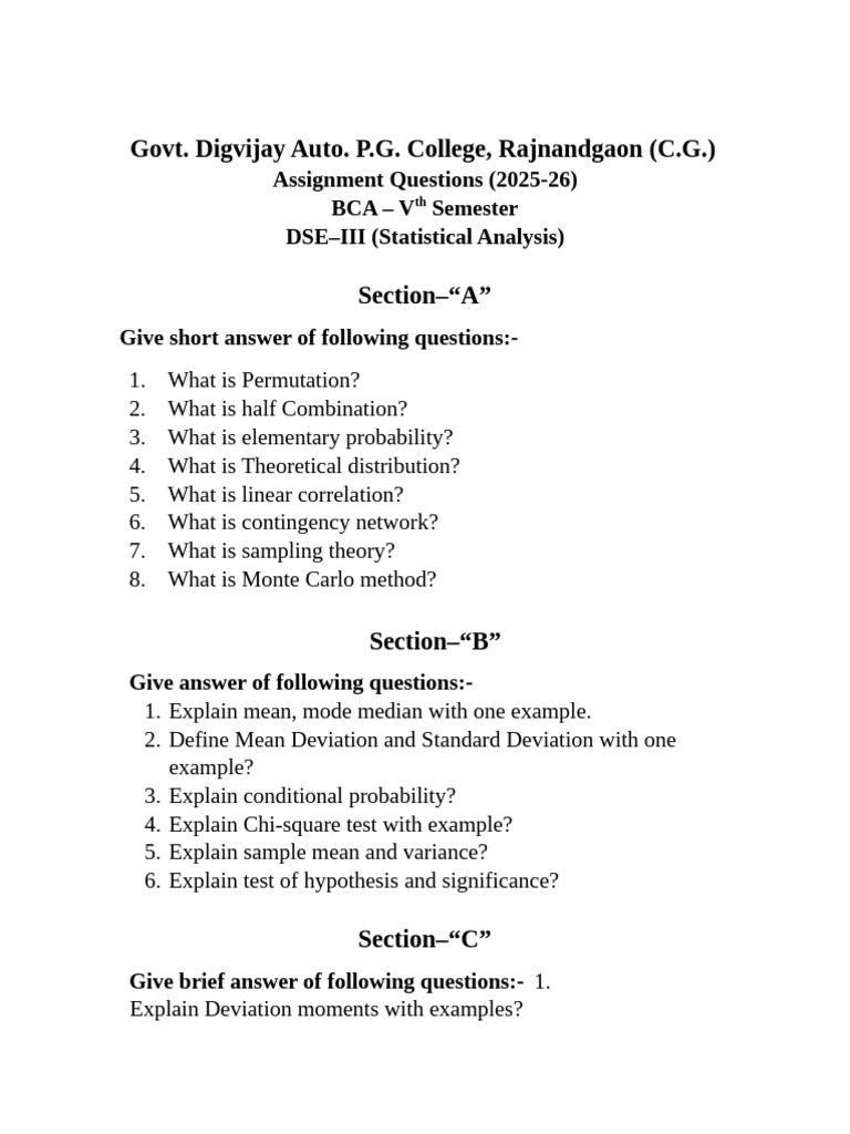 BCA Statistical Analysis Assignment 2025-26 | PDF