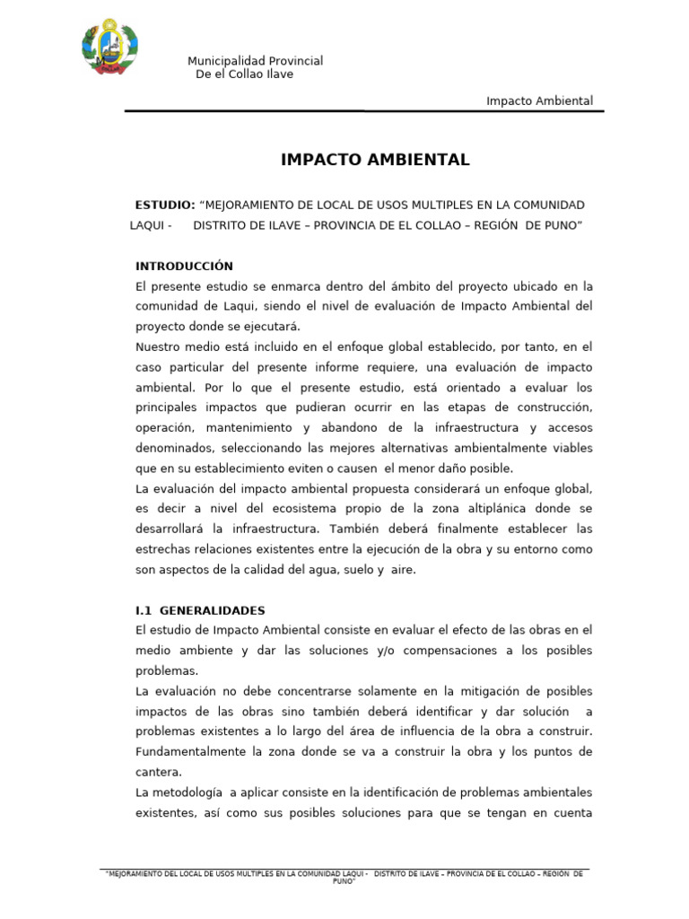 Estudio de Impacto Ambiental en Laqui | PDF | Evaluación de impacto ...