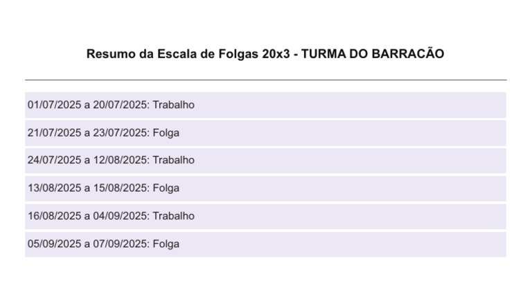 Escala de Folgas 20x3 - Barracão 2025 | PDF