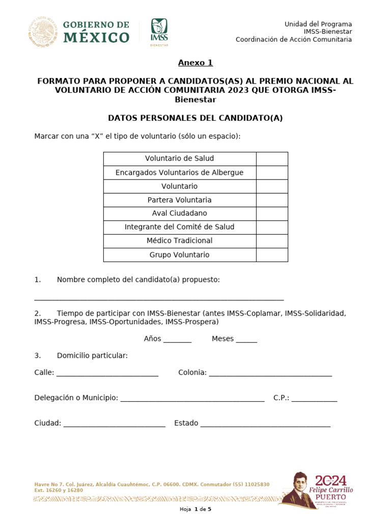 Formato para Proponer Candidatos al Premio IMSS-Bienestar | PDF