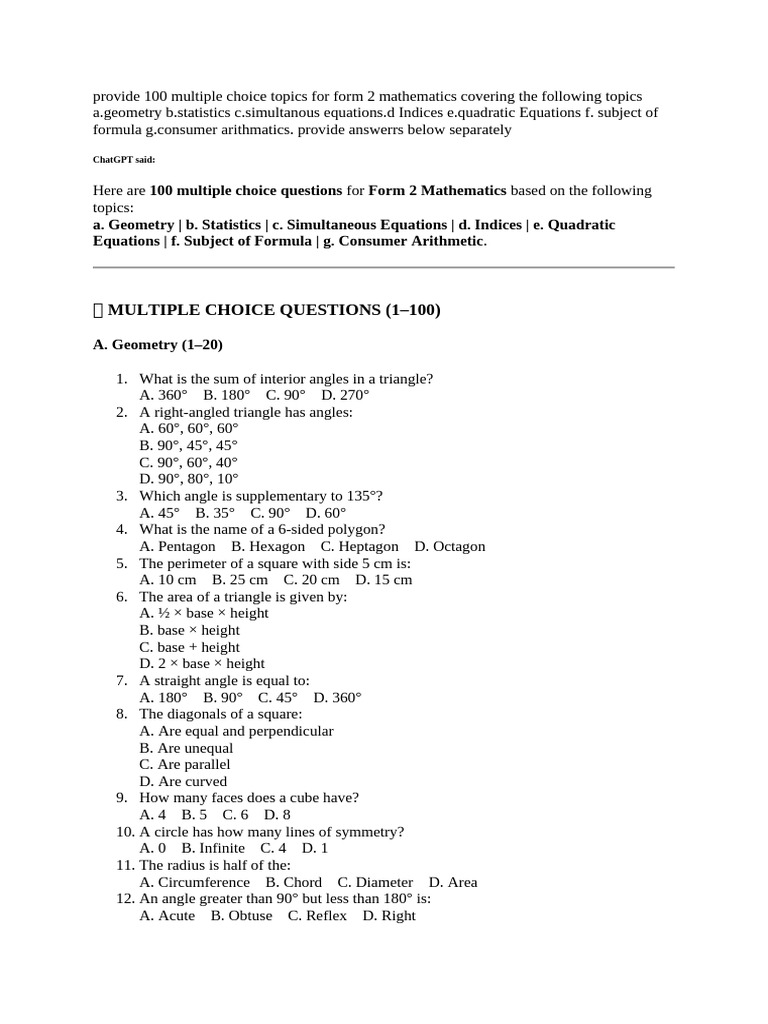 100 Form 2 Math MCQs: Geometry to Arithmetic | PDF | Area | Circle