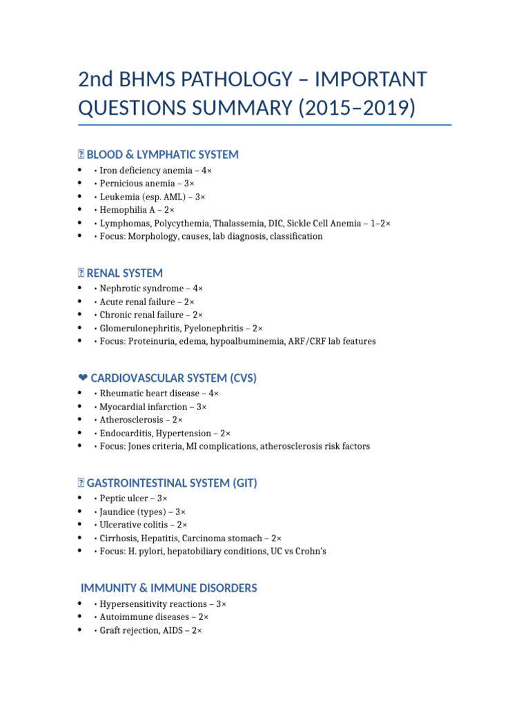 Key BHMS Pathology Questions (2015-2019) | PDF | Anemia | Inflammation
