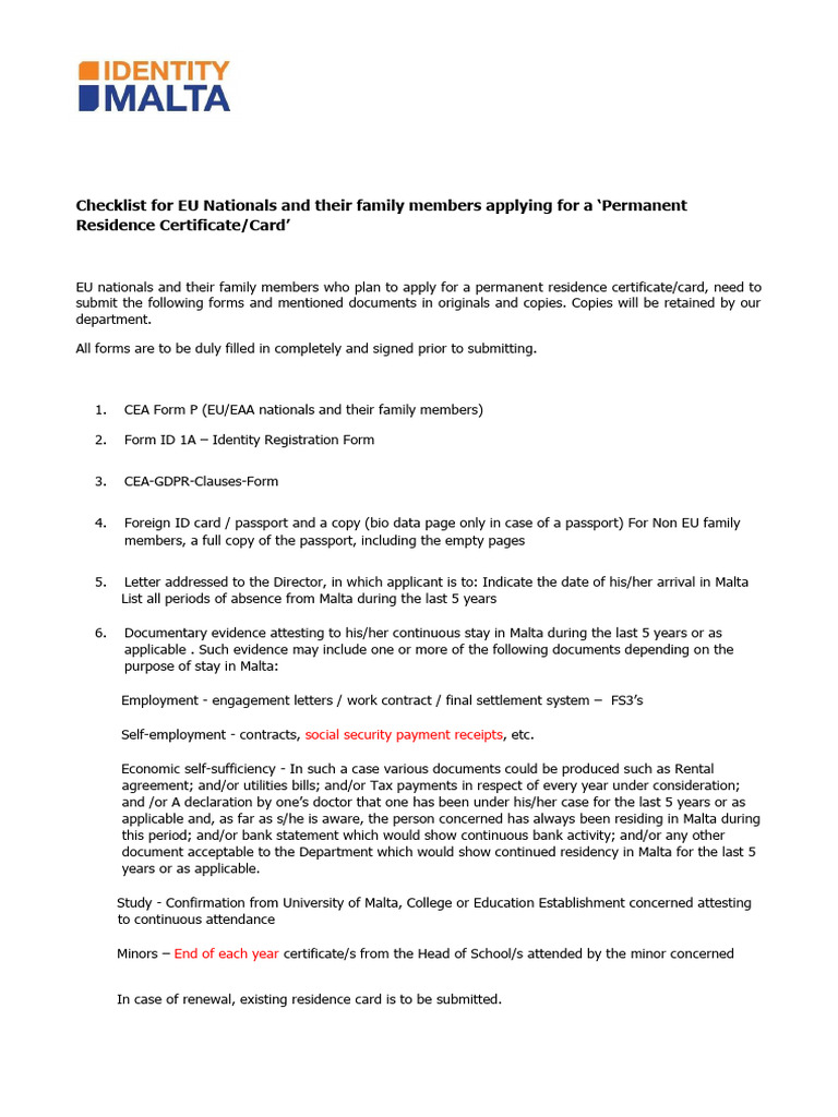 EU Permanent Residence Application Checklist | PDF | Malta | Identity ...