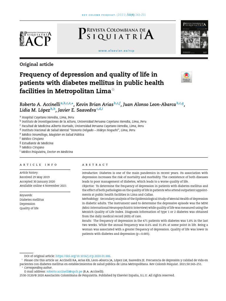 Frequency of Depression and Quality of Life in Patients With Diabetes ...