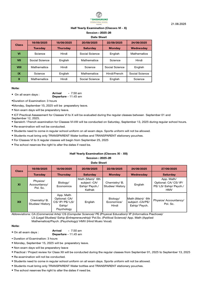 2025-26 Half Yearly Exam Schedule | PDF | Science