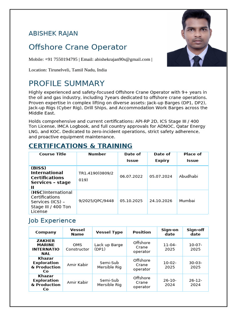 Offshore Crane Operator Resume | PDF | Crane (Machine)