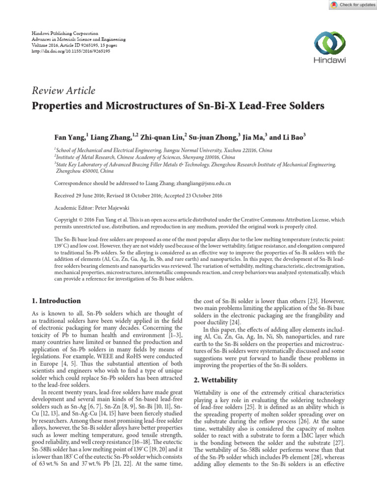 Enhancing Sn-Bi Lead-Free Solder Properties | PDF | Creep (Deformation ...