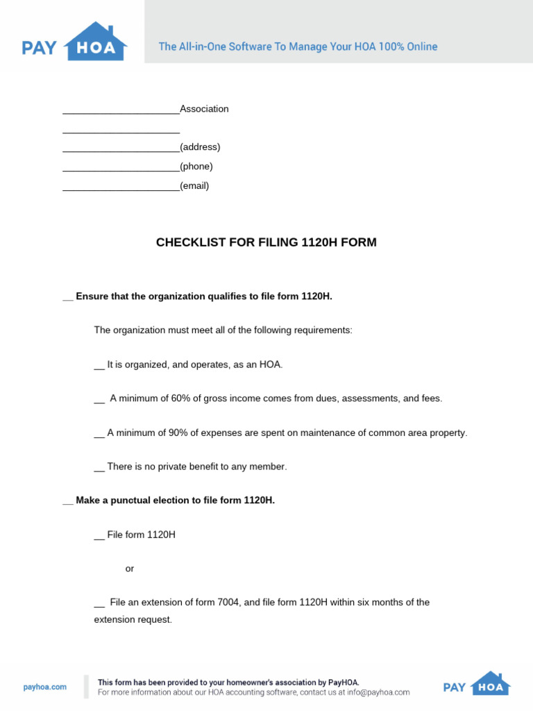 Checklist For Filing 1120H Form: - Ensure That The Organization ...