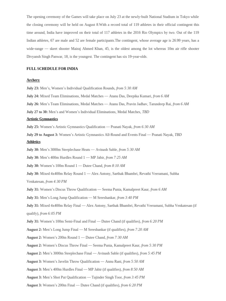 Full Schedule For Indian Players at Olympics | PDF | Summer Olympic Games