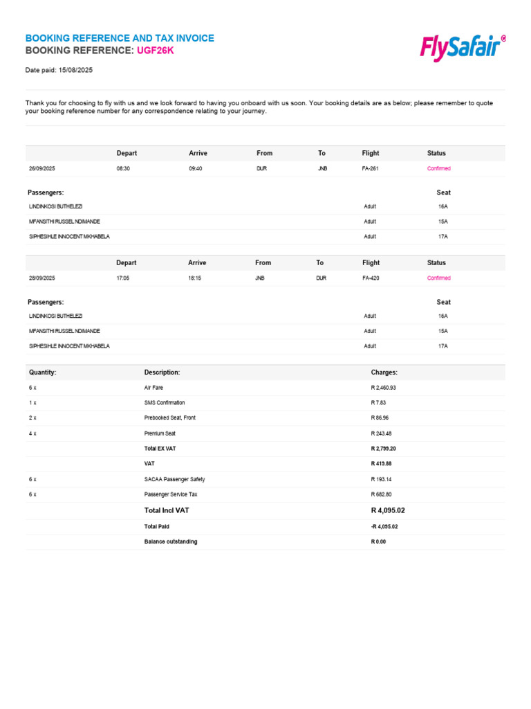 FlySafair Booking Reference & Invoice | PDF | Fee | Baggage