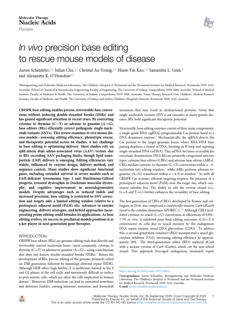 In Vivo Precision Base Editing To Rescue Mouse Models of Disease | PDF ...