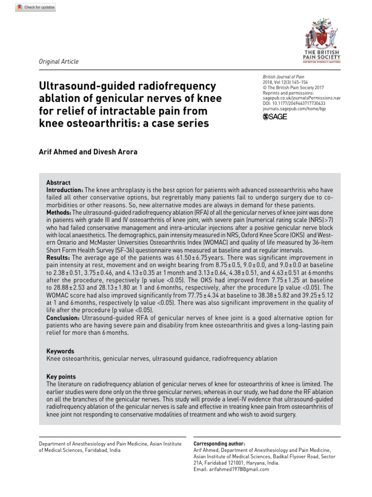 RFA of Genicular Nerves for Knee Pain | PDF | Knee | Musculoskeletal System