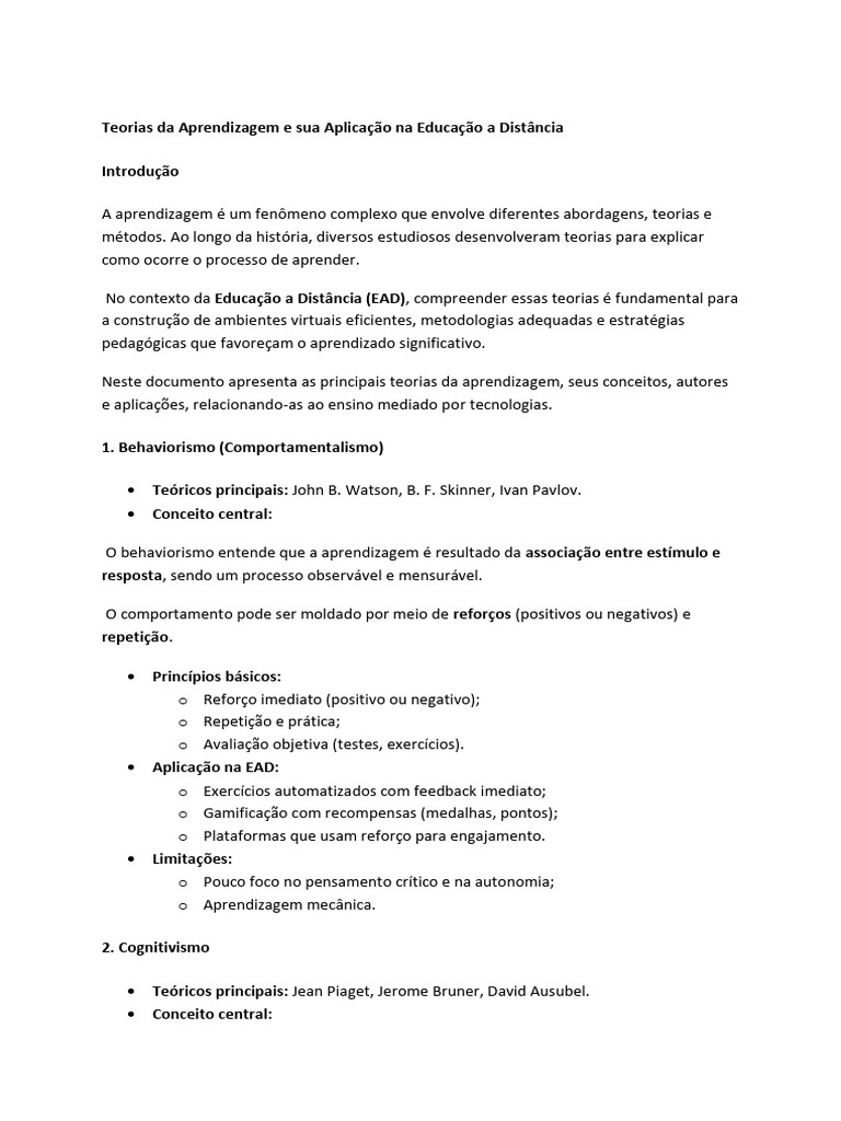 Teorias da Aprendizagem na EAD | PDF | Aprendizado | Behaviorismo