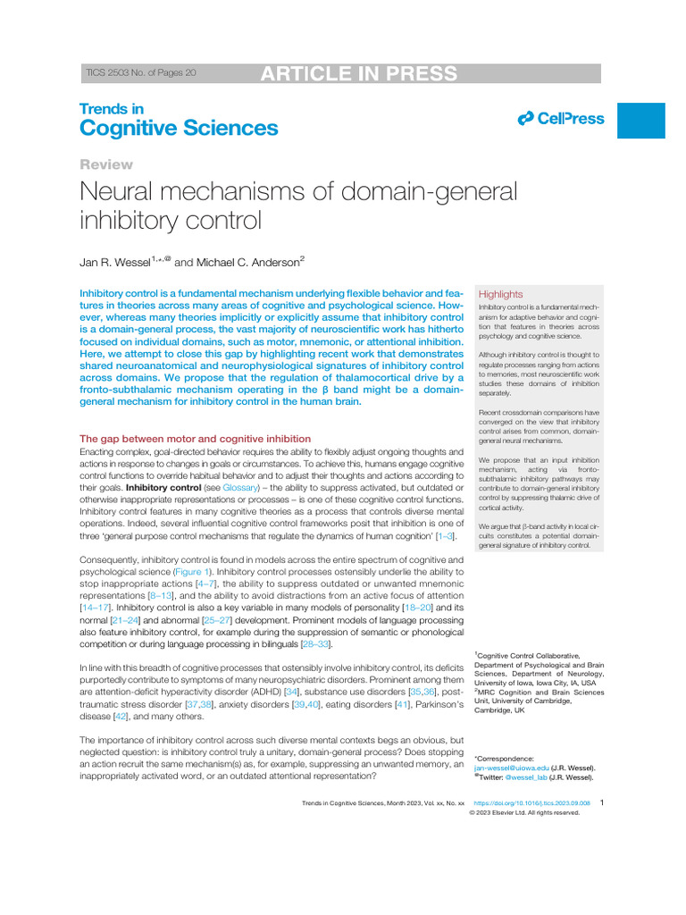 Neural Mechanisms of Inhibitory Control | PDF | Basal Ganglia | Striatum