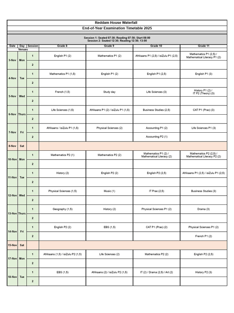 2025 End-of-Year Exam Timetable | PDF | Educational Assessment And ...