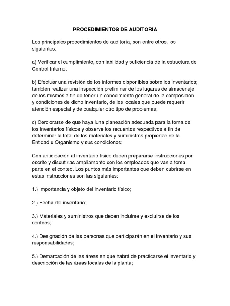 Procedimientos de Auditoria | PDF | Inventario | Auditoría financiera