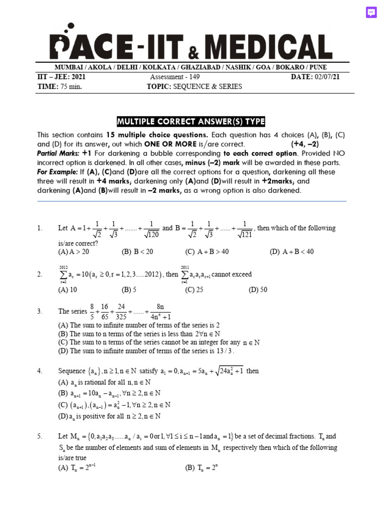 IIT JEE 2021: Sequence & Series Questions | PDF | Numbers | Decimal