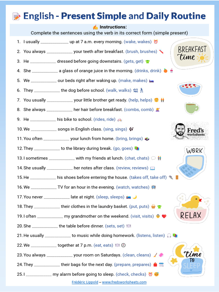 Present Simple Daily Routine Exercises | PDF