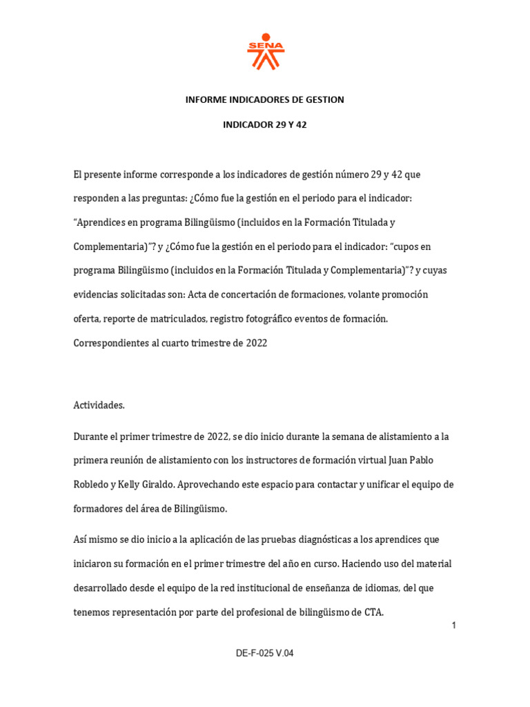 INFORME INDICADORES DE GESTION Primer Trimestre 2022 | PDF | La ...