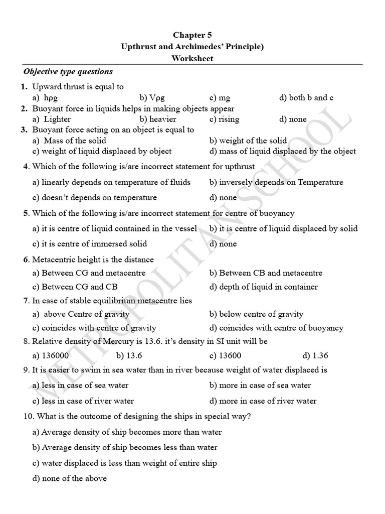 Upthrust and Buoyancy Worksheet | PDF